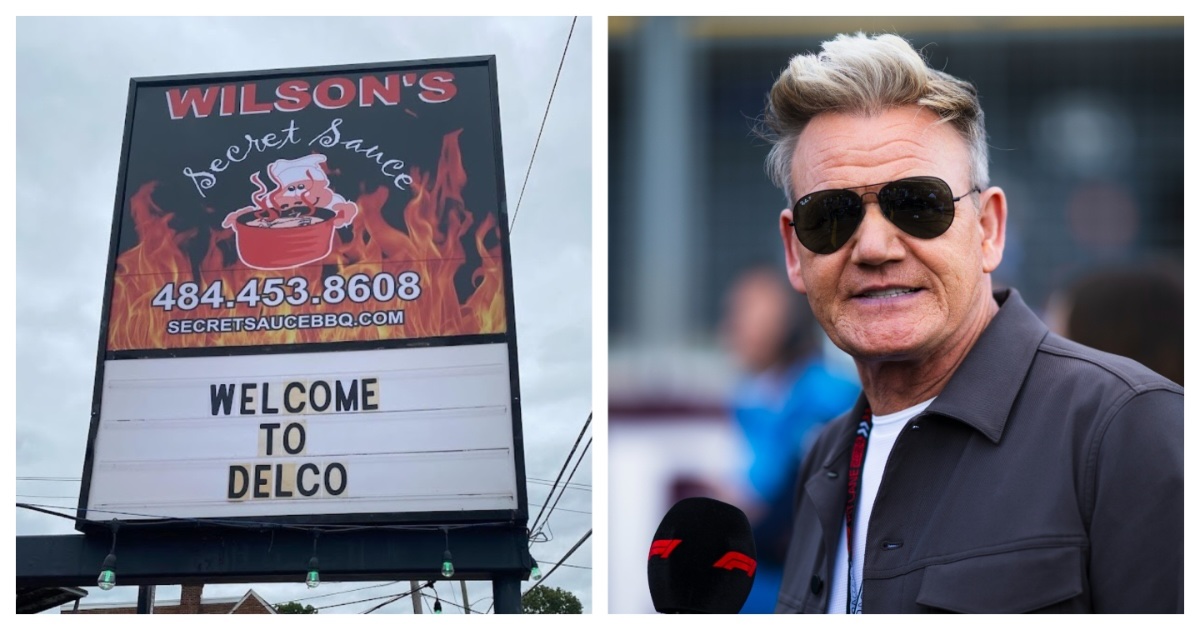 a sign at Wilson's Secret Sauce barbecue restaurant in Upper Darby, which is going to be featured in the new Fox series Gordon Ramsay's Secret Service